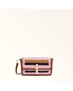 Furla Iride Crossbody Toni Cognac Crochet Stripes Fabric + Sidney Calf Leather - Pink