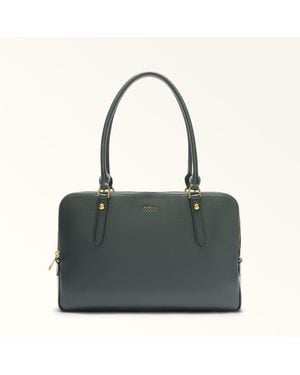 Furla Giulia Boston Bag L Deep Textured Leather + Suede - Green