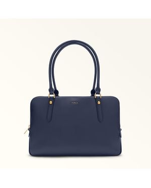 Furla Giulia Boston Bag L Mediterraneo Textured Leather + Suede - Blue