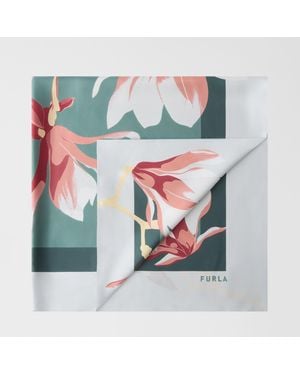 Furla Tortona Carré Edera Silk Twill With Little Magnolia Print - Gray