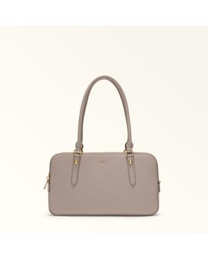 Furla Giulia Boston Bag Linen Textured Leather + Suede - Grey