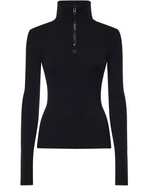 Courreges Pullover A Coste Con Logo - Blu