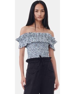 Ganni Floral Printed Cotton Off-Shoulder Smock Top - Blue