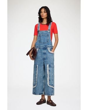 Ganni Verkürzte Latzhose Mit Spitze Aus Festem Denim Bio-Baumwolle - Blau
