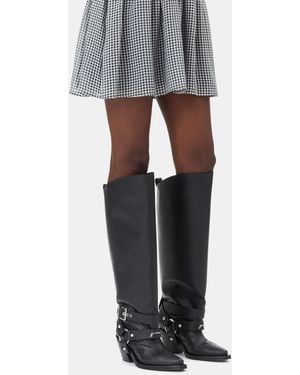 Ganni High Shaft Embroidered Western Boots - Gray
