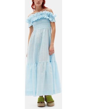 Ganni Sleeveless/straps Seersucker Check Smock Maxi Dress - Blue