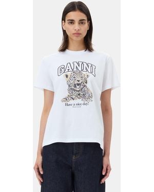 Ganni White Basic Jersey Leopard Relaxed T-shirt Size Medium Organic Cotton