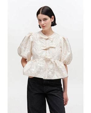 Ganni Satin Peplum Tie Blouse - White