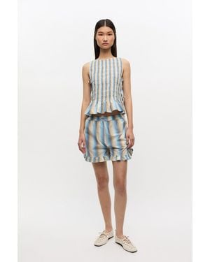 Ganni Ombre Stripe Ruffle Shorts Organic Cotton - Blue