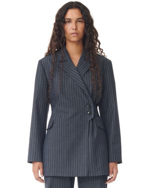Ganni Stretch Striped Belt Blazer - Blue