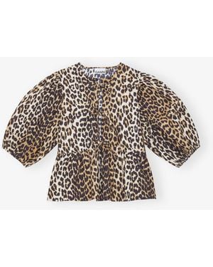 Ganni Leopard Cotton Poplin Peplum Tie Blouse - Multicolour