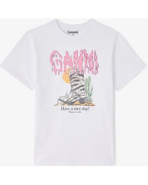 Ganni T-Shirt With Zebra Western Boot - White