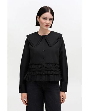 Ganni Stretch Cotton Ruffle Shirt - Black