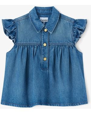 Ganni Denim Ruffle Top - Blue