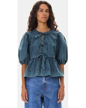 Ganni Cotton Poplin Peplum Tie Blouse - Blue