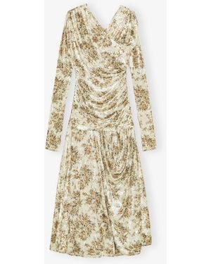 Ganni Golden Floral Ruched Dress - Natural