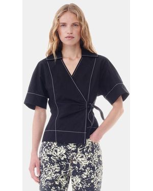 Ganni Black Cotton Poplin Wickelbluse - Blau