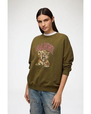 Ganni Sweat-Shirt À Col Rond Avec Imprimé Tigre Coton Biologique - Vert