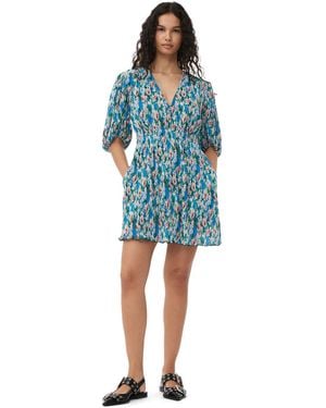 Ganni Pleated Georgette V-Neck Mini Dress - Blue