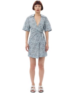 Ganni Floral Printed Cotton Wrap Mini Dress - Blue