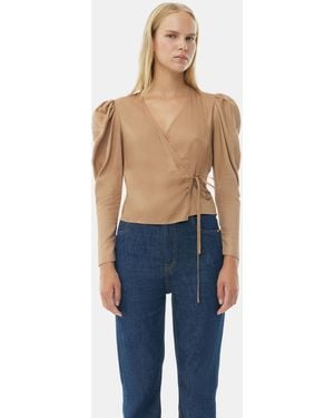 Ganni Brown Twill Wrap Blouse - Blue