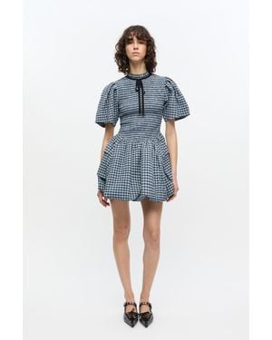 Ganni Checked Seersucker Minidress - Blue