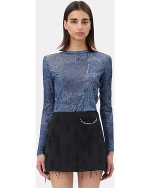 Ganni Printed Mesh Long Sleeve Blouse - Blue