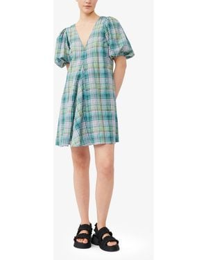 Ganni Seersucker Check V-Neck Mini Dress - Blue