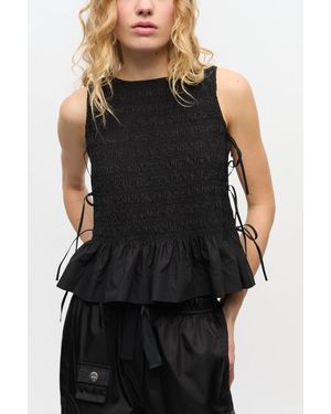 Ganni Cotton Smock Tie Top - Black