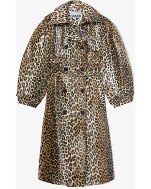 Ganni Leopard Laminated Cotton Trench Coat - Brown