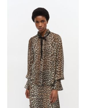 Ganni Leopard Print Chiffon Tie String Shirt Viscose - Multicolour