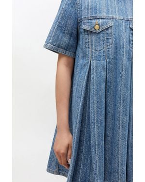 Ganni Striped Denim Pleated Dress - Blue