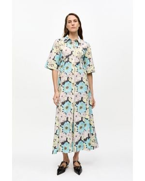 Ganni Floral Printed Cotton Long Shirt Dress - White