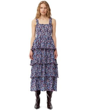 Ganni Multicolor Pleated Georgette Flounce Smock Midi Dress - Blue
