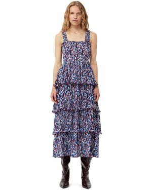 Ganni Multicolor Pleated Georgette Flounce Smock Midi Dress - Blue