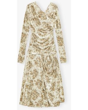 Ganni Golden Floral Ruched Dress - Natural