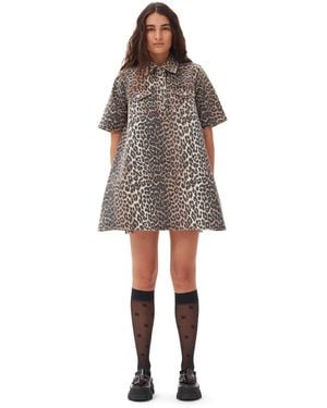 Ganni Organic Denim Leopard Mini Dress - Brown