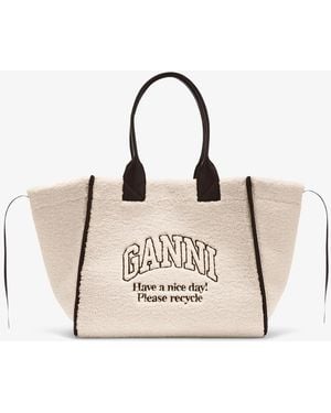 Ganni Shearling Xxl Tote - Natural