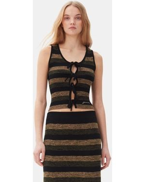 Ganni Striped Ribbed Merino Wool Tie Top - Black
