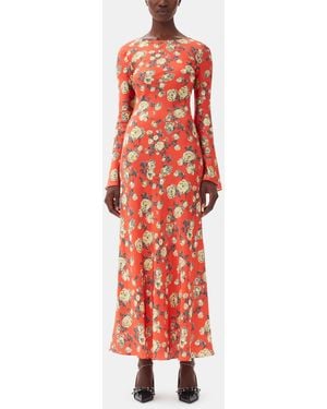 Ganni Floral Printed Satin Maxi Dress - Red