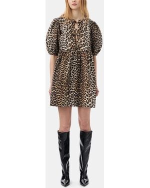 Ganni Leopard Printed Cotton Tie String Mini Dress - Natural