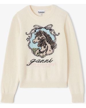 Ganni Pull Avec Motif Chevaux - Blanc