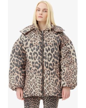 Ganni Leopard Midi Puffer Jacket - Multicolor