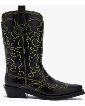 Ganni Mid Shaft Embroidered Western Boots - Black