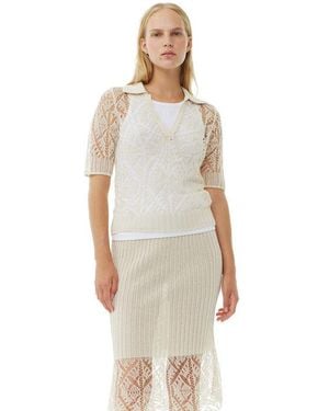 Ganni Off- Cotton Lace Polo Jumper - White