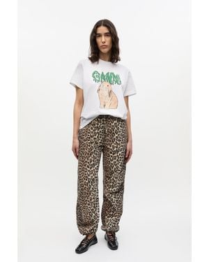 Ganni Leopard Washed Cotton Canvas Drawstring Pants - Natural