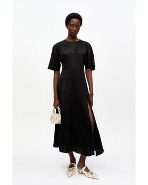 Ganni Fluid Satin Jacquard Slit Dress - Black