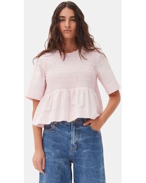 Ganni Cotton Poplin Open Back Smock Blouse - Red