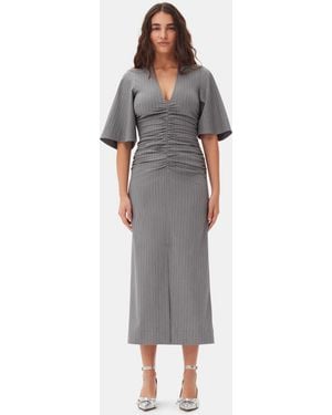 Ganni Striped Suiting V-Neck Fitted Dress - Gray