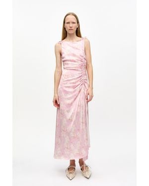 Ganni Printed Satin Gathered Dress - Pink